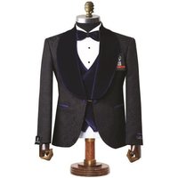 Mens Black With Navy Blue Velvet Lapel 3-Piece Tailored-Fit Tuxedo — Mens Suits & Blazers