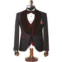 Mens Black With Dark Red Velvet Lapel 3-Piece Tailored-Fit Tuxedo — Mens Suits & Blazers