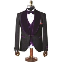 Smoking 3 pièces noir avec revers en velours violet foncé pour homme, coupe ajustée — Costumes et vestons pour hommes