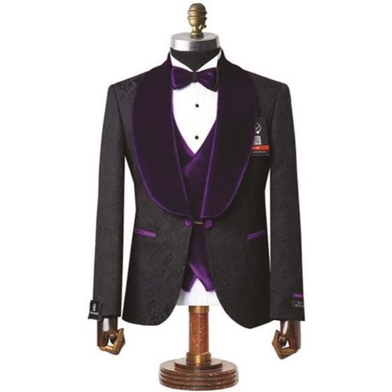 Smoking 3 pièces noir avec revers en velours violet foncé pour homme, coupe ajustée — Costumes et vestons pour hommes