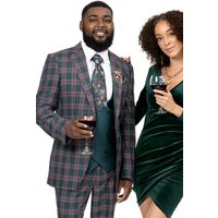 Mens Olive Plaid Suit Mens Modern Fit Double Breasted Vest Suit In Forest Green And Red Windowpane Plaid — Costumes et vestons pour hommes