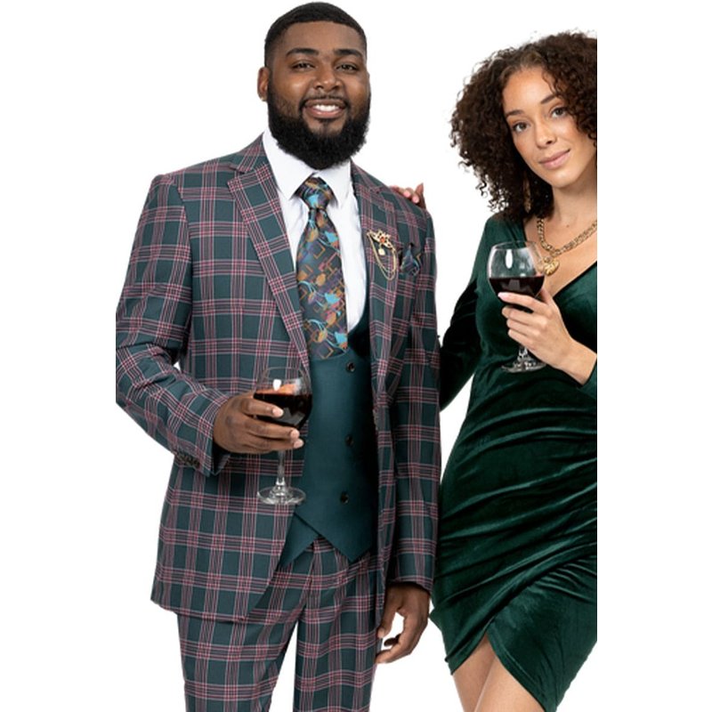 Mens Olive Plaid Suit Mens Modern Fit Double Breasted Vest Suit In Forest Green And Red Windowpane Plaid — Costumes et vestons pour hommes