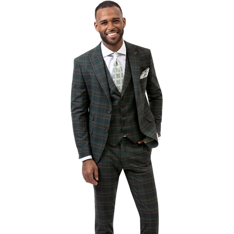 Mens Olive Plaid Suit Two Button Modern Fit Peak Lapel Vested Suit In Dark Hunter Green Windowpane Plaid — Costumes et vestons pour hommes