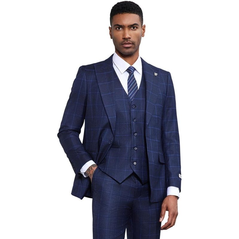 Mens Navy Plaid Suit Stacy Adams Classic One Button Vested Windowpane Suit In Navy Blue — Costumes et vestons pour hommes
