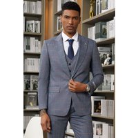 Mens Navy Plaid Suit Stacy Adam's One Button Vested Peak Lapel Suit In Navy Blue & Orange Windowpane Plaid — Costumes et vestons pour hommes