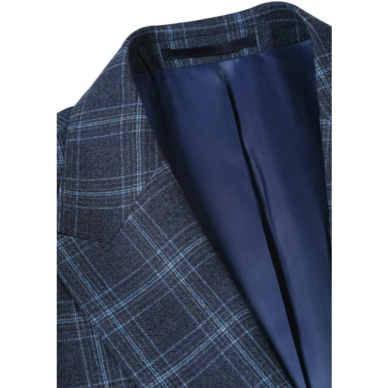 Mens Navy Plaid Suit Two Button Slim Fit Two Piece Summer Suit In Navy Windowpane Plaid — Costumes et vestons pour hommes