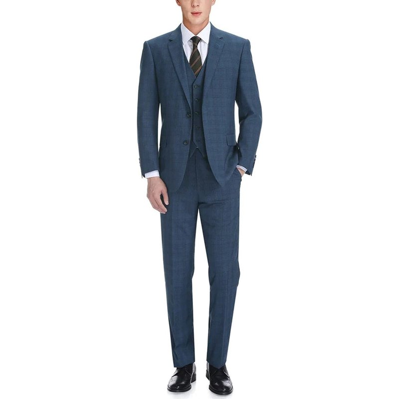 Mens Navy Plaid Suit Two Button Classic Fit Vested Suit In Navy Blue Windowpane Plaid — Costumes et vestons pour hommes