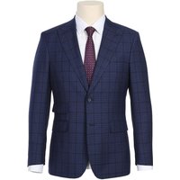 Mens Navy Plaid Suit Designer Two Button Slim Fit Peak Lapel Suit In Navy Blue Overcheck Plaid — Mens Suits & Blazers