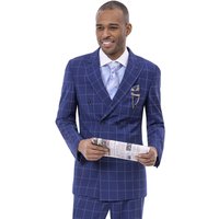 Mens Navy Plaid Suit Classic Double Breasted Pleated Pant Suit In Navy Blue Windowpane Plaid — Costumes et vestons pour hommes