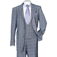 Mens Gray Plaid Suit Modern Fit Plaid Windowpane Suit With Double Breasted Scoop Vest In Grey — Costumes et vestons pour hommes