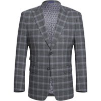 Mens Gray Plaid Suit Designer Two Button Slim Fit Peak Lapel Ticket Pocket Suit In Grey Blue Windowpane Plaid — Costumes et vestons pour hommes