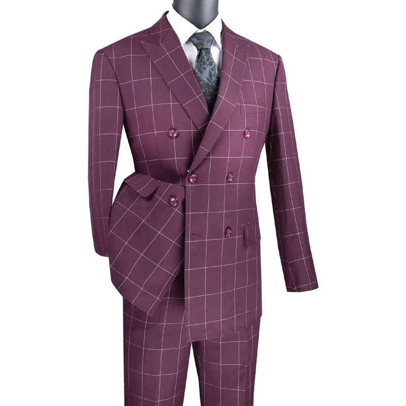 Mens Burgundy Plaid Suit Double Breasted Bold Windowpane Plaid Suit In Burgundy — Costumes et vestons pour hommes