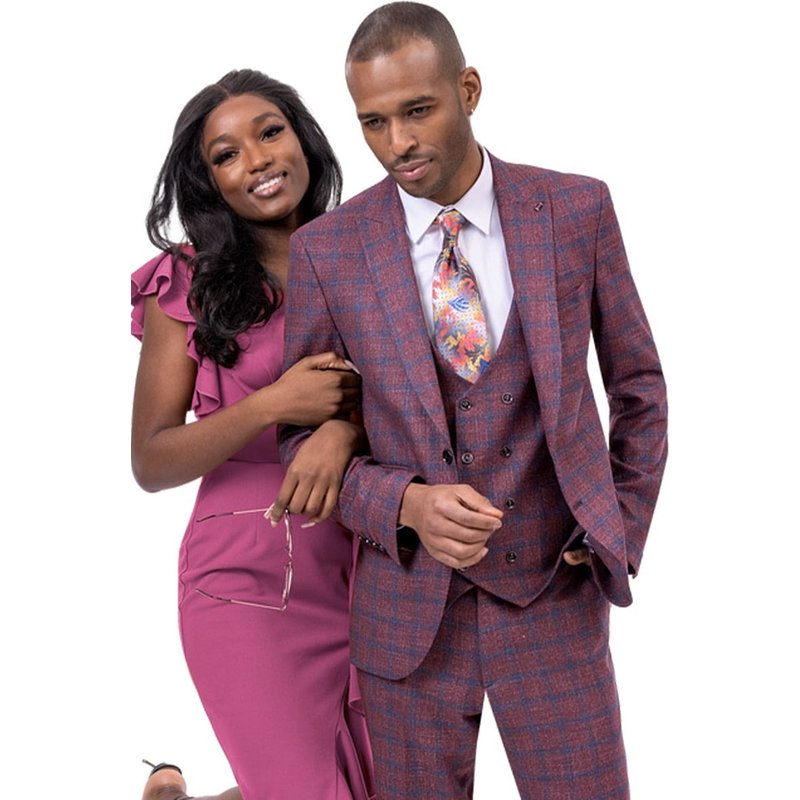 Mens Burgundy Plaid Suit Two Button Peak Lapel Vested Fashion Suit In Burgundy Windowpane Plaid — Mens Suits & Blazers