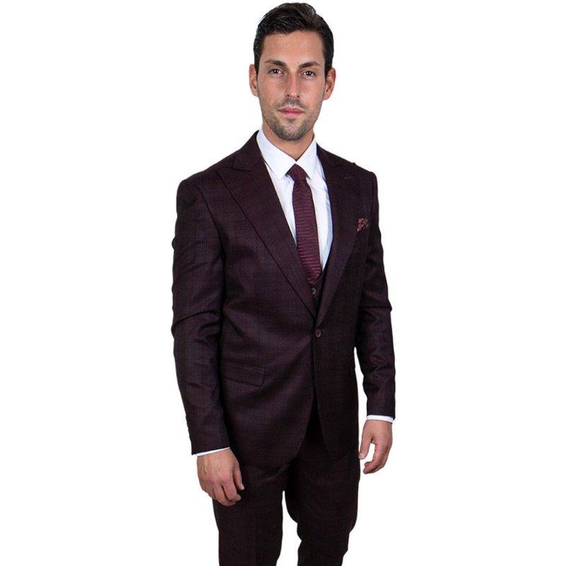 Mens Burgundy Plaid Suit Stacy Adams One Button Vested Peak Lapel Glen Plaid Suit In Burgundy — Costumes et vestons pour hommes