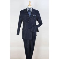 Mens Blue Pinstripe Suit Double Breasted 1920's Wide Bold Gangster Pinstripe Suit In Navy