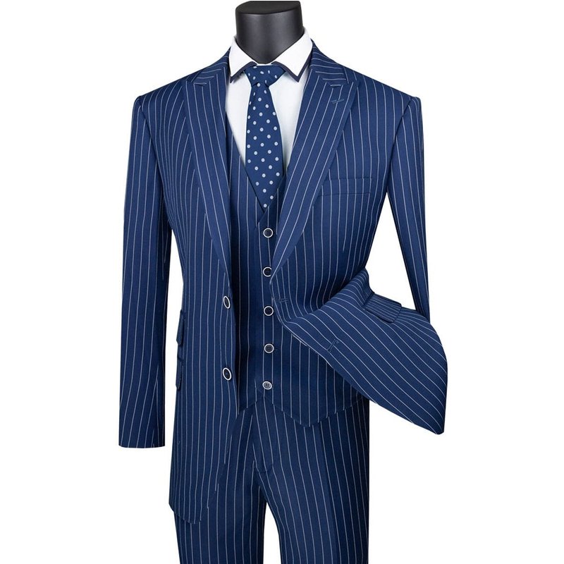 Mens Blue Pinstripe Suit Vested Bold Gangster Pinstripe Suit In Navy Blue — Costumes et vestons pour hommes