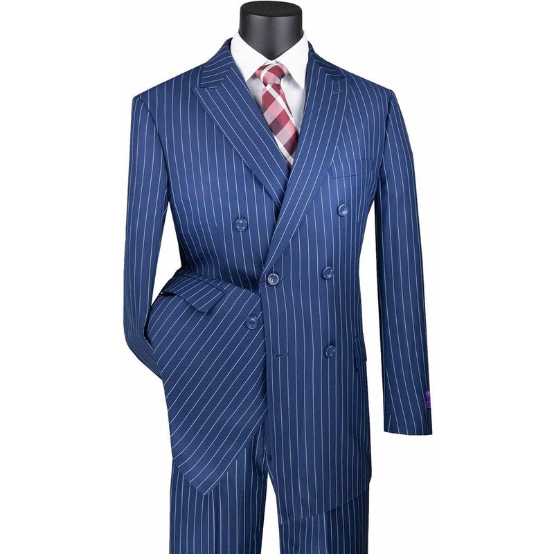 Mens Blue Pinstripe Suit Vested Bold Gangster Pinstripe Suit In Navy Blue — Costumes et vestons pour hommes