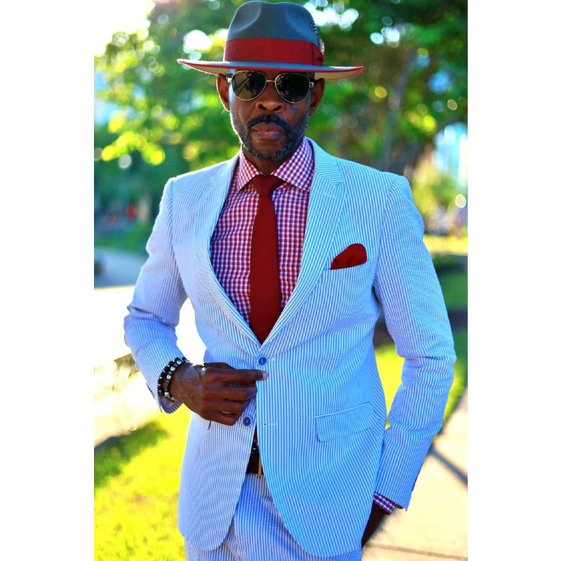 Mens White Pinstripe Suit Classic Summer Seersucker Pinstripe Suit — Costumes et vestons pour hommes
