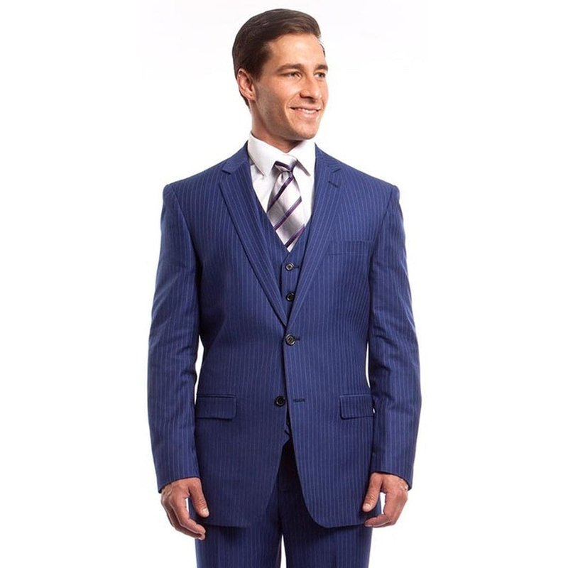Mens Blue Pinstripe Suit Two Button Vested Business Suit In French Blue Pinstripe — Costumes et vestons pour hommes