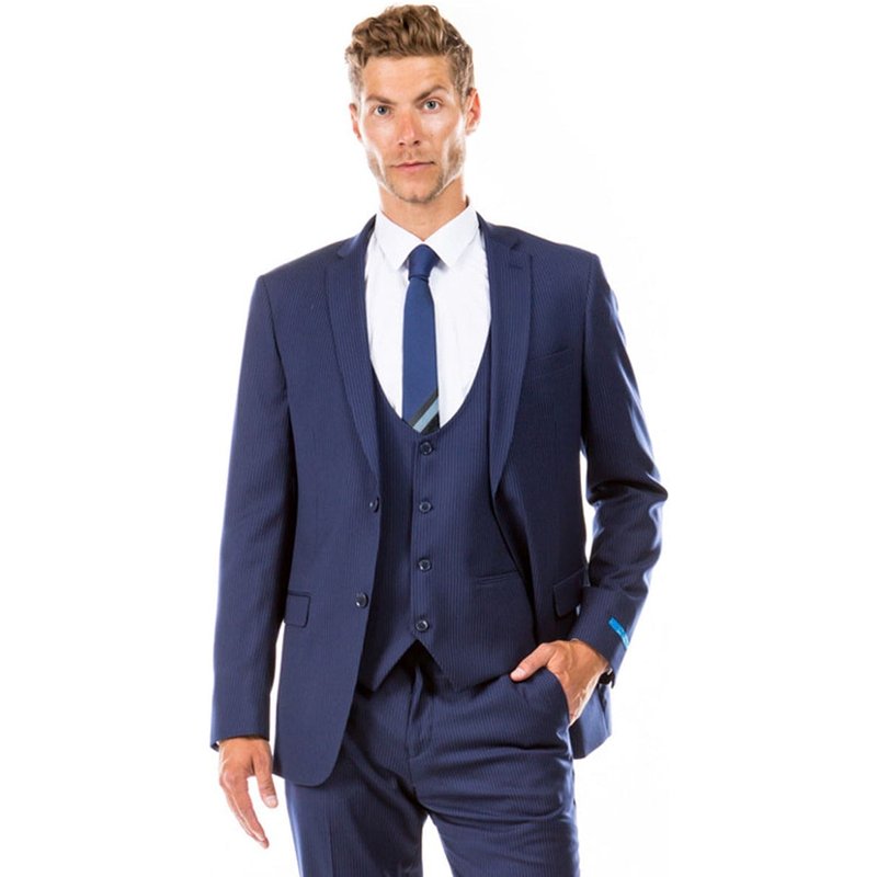 Mens Blue Pinstripe Suit Two Button Vested Hybrid Fit Micro Mini Pinstripe Business Suit In Navy Blue — Costumes et vestons pour hommes