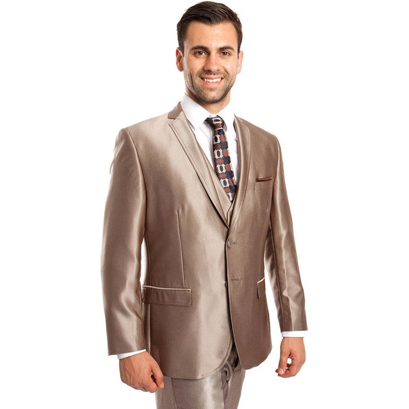 Men's Two Button Vested Shiny Sharkskin Wedding & Prom Fashion Suit In Dark Taupe — Costumes et vestons pour hommes