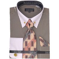 Men's Contrast Collar French Cuff Dress Shirt Set In Beige Houndstooth