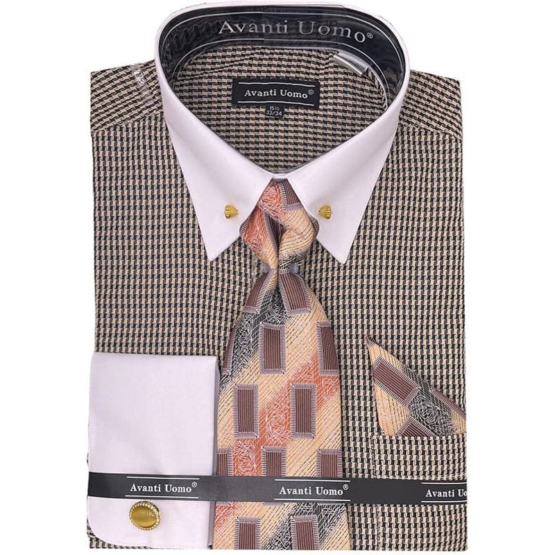 Men's Contrast Collar French Cuff Dress Shirt Set In Beige Houndstooth — Chemises habillées pour hommes
