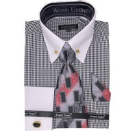 Men's Contrast Collar French Cuff Dress Shirt Set In Black Houndstooth