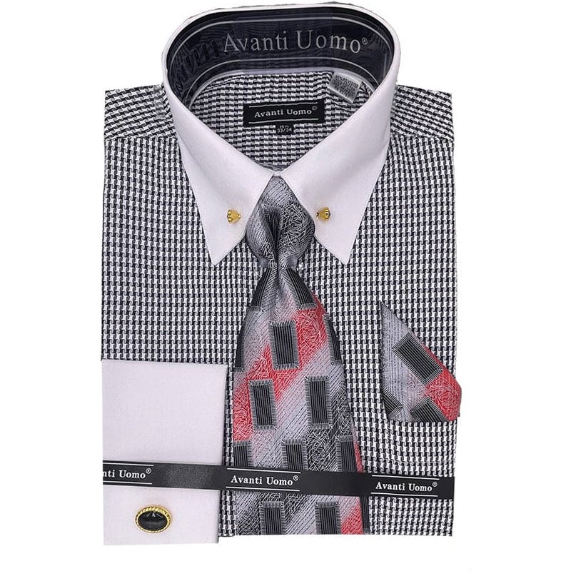Men's Contrast Collar French Cuff Dress Shirt Set In Black Houndstooth — Chemises habillées pour hommes