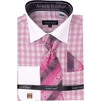 Men's Contrast Collar French Cuff Checkered Plaid Dress Shirt Set In Pink