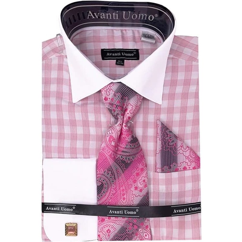 Men's Contrast Collar French Cuff Checkered Plaid Dress Shirt Set In Pink — Chemises habillées pour hommes
