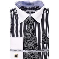 Men's White Collar & French Cuff Double Stripe Dress Shirt In Black