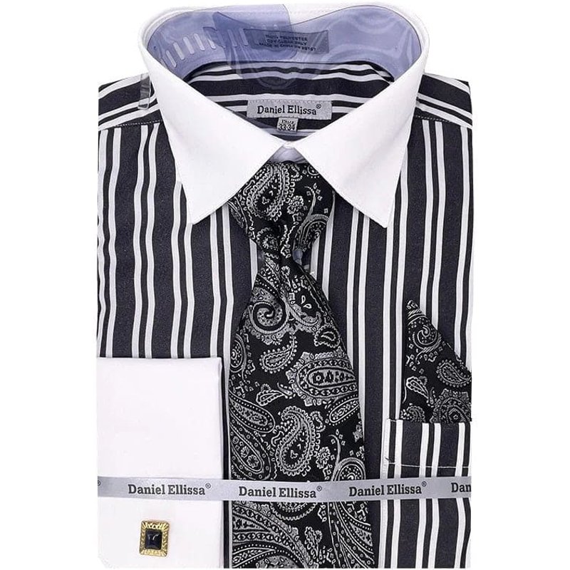 Men's White Collar & French Cuff Double Stripe Dress Shirt In Black — Chemises habillées pour hommes