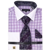Men's Contrast Collar French Cuff Checkered Plaid Dress Shirt Set In Lilac