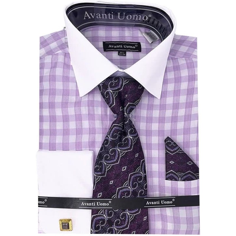 Men's Contrast Collar French Cuff Checkered Plaid Dress Shirt Set In Lilac — Chemises habillées pour hommes