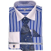 Men's White Collar & French Cuff Double Stripe Dress Shirt In Royal Blue