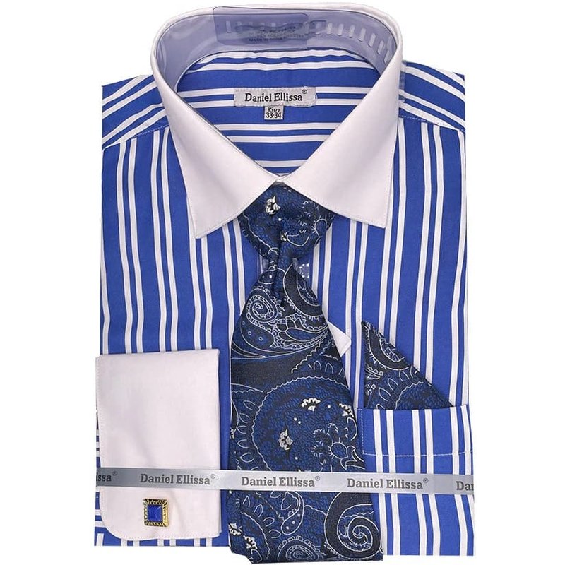 Men's White Collar & French Cuff Double Stripe Dress Shirt In Royal Blue — Chemises habillées pour hommes