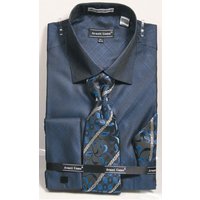 Men's Weave Pattern French Cuff Dress Shirt, Tie & Hanky Set In Navy