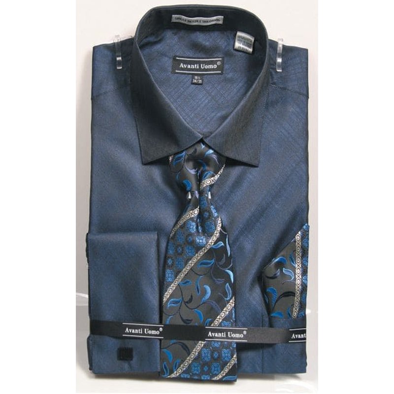 Men's Weave Pattern French Cuff Dress Shirt, Tie & Hanky Set In Navy — Chemises habillées pour hommes