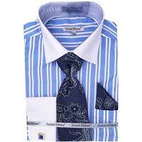Men's White Collar & French Cuff Double Stripe Dress Shirt In Blue