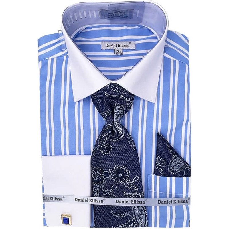 Men's White Collar & French Cuff Double Stripe Dress Shirt In Blue — Chemises habillées pour hommes