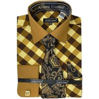 Men's Contrast Collar French Cuff Check Dress Shirt Set In Brown — Chemises habillées pour hommes