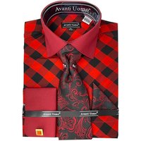 Men's Contrast Collar French Cuff Check Dress Shirt Set In Red