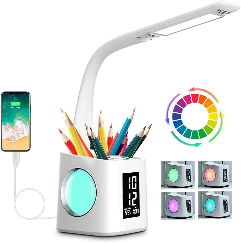 Lampe de bureau LED d'étude avec port USB et lumière nocturne colorée — Lampe de bureau menée