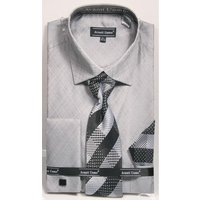 Men's Weave Pattern French Cuff Dress Shirt, Tie & Hanky Set In Grey
