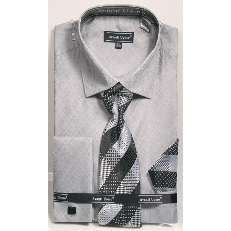 Ensemble chemise habillée, cravate et mouchoir à motif tissé pour hommes en gris — Chemises habillées pour hommes