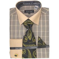 Mens Tonal Check Print Contrast Collar French Cuff Dress Shirt Set In Black