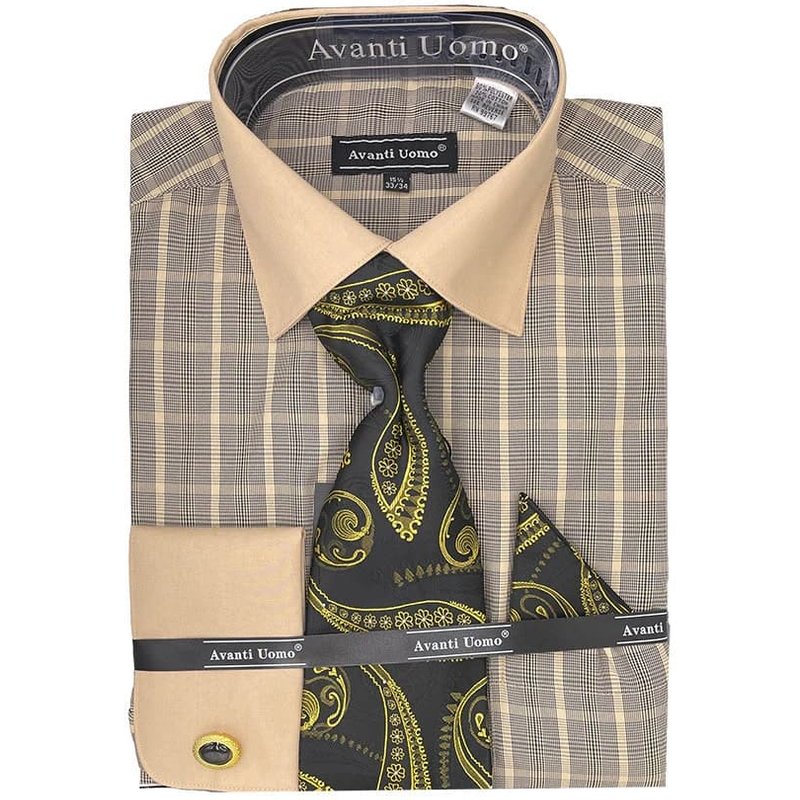 Ensemble chemise habillée à carreaux ton sur ton et col contrasté pour homme en noir — Chemises habillées pour hommes