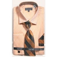 Men's Weave Pattern French Cuff Dress Shirt, Tie & Hanky Set In Tan