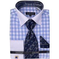 Men's Contrast Collar French Cuff Checkered Plaid Dress Shirt Set In Light Blue
